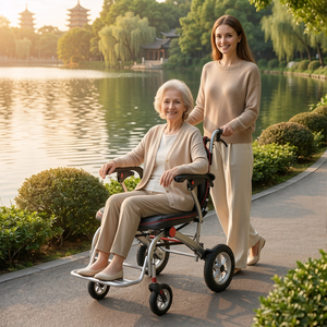 Sedia a Rotelle Premium Pieghevole con Telaio in Lega di Alluminio, Sedile Ergonomico Rimovibile in Pelle Lavabile, Ruote a Nido d'Ape da 12 Pollici e Asta di Traino - Product Image 3
