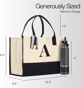 Borsa Tote in Tela Personalizzata con Iniziali, Grande, in Cotone, Monogramma, per Spiaggia, Spesa, Riutilizzabile, Lavabile in Lavatrice, Lavoro, Viaggi - Product Image 6