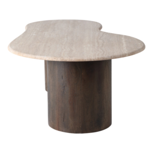 Tavolino da Caffè Ovale in Travertino con Base Cilindrica in Legno di Mango, Arredamento Moderno per Soggiorno - Product Image 3