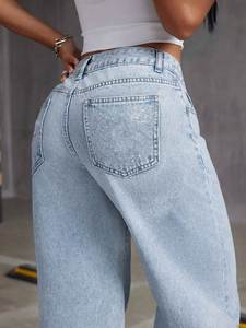 Pantalones Vaqueros Rectos Azul Cielo Transpirables para Mujer, Cintura Media, Lavado Oscuro, Estilo Vintage, Casual, Sexy, para Uso Diario, Primavera, Verano, Club, 100% Algodón - Product Image 3