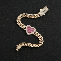 Bracelet en or plaqué 14 carats avec zircon rose en forme de cœur, résistant au ternissement, pour femmes, bijoux, bracelet à maillons cubains pour couples