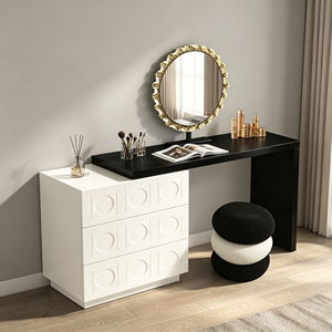 Modern <b>Makeup</b> Vanity Set With White Cabinet And Round <b>Mirror</b> Bedroom Dressing Table Storage Furniture - Product Image 6
