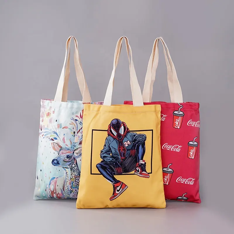 Custom sublimation silk screen digital heat transfer printed anime polyester jute hemp linen cotton canvas tote shopping bag