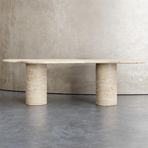 Juego de Mesa de Comedor de Piedra Travertino Ovalada Blanca Crema de Estilo Nórdico Minimalista, Muebles para Comedor - Product Image 4