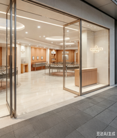 Boutique de bijoux et montres de luxe contemporains, design d'intérieur en placage de bois, salle d'exposition avec zone de négociation VIP