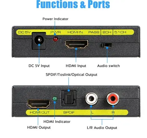 Adaptor Splitter Audio, Konverter HDMI Ke HDMI Optikal + SPDIF + RCA L/R Ekstraktor Audio 1080P AC