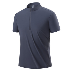 Polo transpirable con cremallera y cuello alto de secado rápido para hombre, manga corta, color sólido, poliéster, ropa de trabajo, uso diario - Product Image 1