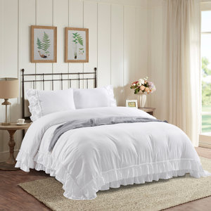 <strong>White</strong> Comforter <strong>Ruffle</strong> Cute Soft Lightweight Fluffy <strong>Bedding</strong> 3-Piece <strong>Bedding</strong> Comforter Set - Product Image 4