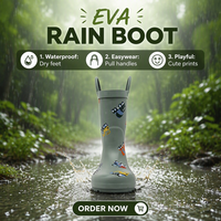Bottes de pluie en caoutchouc pour enfants, fabriquées en usine, avec poignées faciles à enfiler, chaussures imperméables pour enfants, imprimé construction, prix de gros