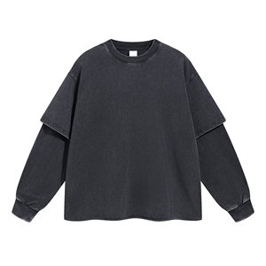 Camiseta de Manga Larga de Doble Capa para Hombre, 345 g/m², 100% Algodón, Gruesa, Lavada, Cuello Redondo, Tejido de Punto, Anti-Pilling, Transpirable - Product Image 4