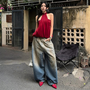 Vintage Red Loose Knitted Crew Neck Sexy Backless Breathable <b>Patchwork</b> Party Club Women's Bandeau <b>Top</b> - Product Image 2