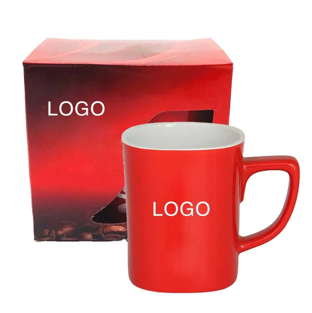 Customized square mouth big red glazed ceramic mug Customized Decal logo gift mug Promotional espresso coffee mug