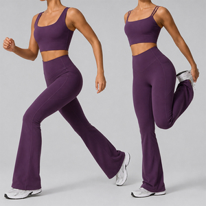 Women Yoga Outfit 2 Piece Quick Dry Crop Top Tummy Control <b>Flared</b> <b>Leggings</b> with Pockets Gym Activewear Set - Product Image 1