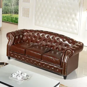 American Tufted Button Tan Retro Leather Chesterfield Sofa Classical Vintage House Hotel Living Room Furniture