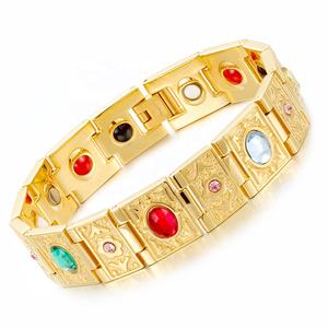 스테인리스 스틸 게르마늄 자석 4 1 에너지 남성용 클래식 크리스탈 스테인리스 스틸 18K 금도금 체인 & 링크 건강 팔찌 - Product Image 1