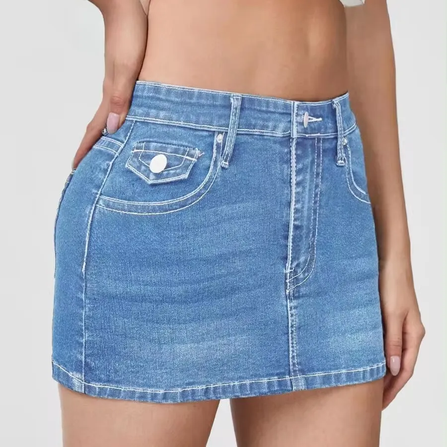 Rok Denim kasual untuk wanita, rok Denim saku Hem kasar pinggang tinggi, rok pendek tipe lurus wanita