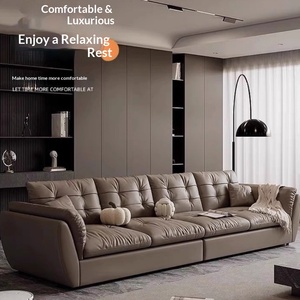 Mocha Genuine Leather Lazy <b>Sofa</b> Down Filled Straight Couch Top Grain Leather Solid <b>Wood</b> <b>Frame</b> for Small Living Room - Product Image 2