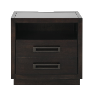 Modern Nightstand 2 <b>Drawers</b> LED Light <b>Storage</b> Cubby USB Ports Power Outlets Charcoal Finish Glass Top - Product Image 1