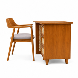 Bureau d'ordinateur en bois avec panneaux de tiroirs en rotin et chaise rembourrée, ensemble de mobilier de bureau en provenance d'Indonésie - Product Image 3