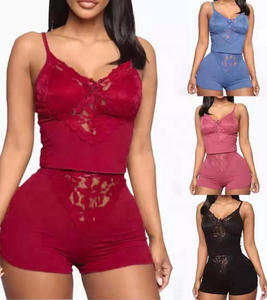 Vente en gros Ensemble <span class=keywords><strong>de</strong></span> pyjama pour femmes Short à bretelles tendance Ensemble <span class=keywords><strong>de</strong></span> bretelles deux pièces en dentelle Pyjama en satin pour filles Pyjama sexy Vêtements <span class=keywords><strong>de</strong></span> nuit - Product Image 3