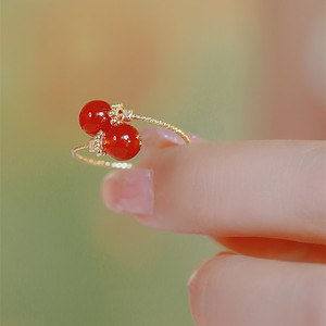 Red Agate Open Ring For Women Adjustable Retro Light Luxury Jewelry Gift Geometric Shape Prong Setting - Product Image 3