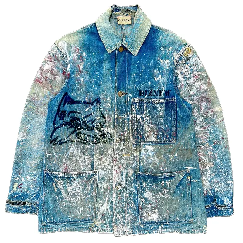 DIZNEW, fabricantes chinos de ropa, chaqueta vaquera estampada pintada con aerosol personalizada, chaqueta de marca con botones de diseñador americano para hombre