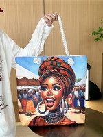 Sacs Fourre-Tout en Toile avec Logo Personnalisé, Impression d'Art Fille Noire Africaine Dessin Animé Amusant, Sacs à Main Portables Épaule pour Femmes, Vente en Gros pour l'Été