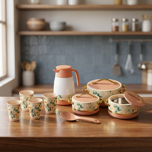 Ensemble de vaisselle isotherme en porcelaine émaillée Anax Peach Gardenia, 9 pièces, écologique, passe au lave-vaisselle, avec pot isotherme - Product Image 3