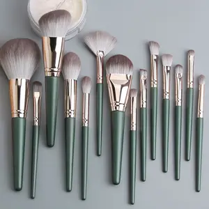 LOW MOQ Hot Selling 14pcs Green Plastic Handle Makeup Brush Set With bag High Quality Personalized Makeup Brush Pincel Maquiagem