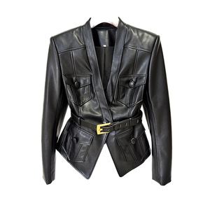 Blouson de moto en cuir véritable pour femme, automne/hiver, col rabattu, manches longues, coupe ajustée, tendance 2026 - Product Image 1