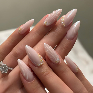 Lot de 24 <span class=keywords><strong>faux</strong></span> ongles 3D en forme de nœud floral, en ABS, avec pointe française blanche, couleur nude amande, à coller, <span class=keywords><strong>pour</strong></span> usage quotidien - Product Image 3