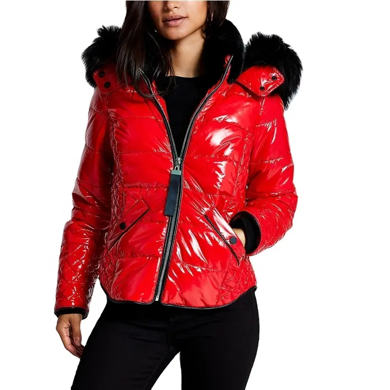 Neue mode Frauen elegante rote shiny padded bomber jacke damen dicke warme mantel mit kapuze OEM hersteller