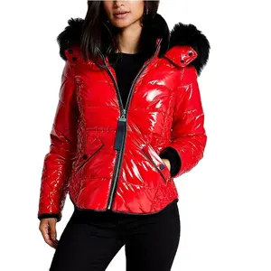 New fashion Women elegant red shiny padded bomber jacket ladies thick warm coat with hooded OEM manufacturer