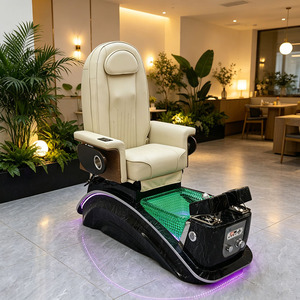 Fauteuil de pédicure de luxe beige avec lumière LED, bain de pieds spa, siège inclinable, système de jets sans tuyauterie, fonction massage et chauffage, pour salon de SPA - Product Image 1