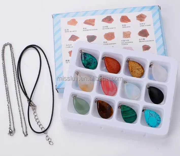 12PCS PER SET natural stone pendant charms in box with 1 cord necklace 1 chain necklace waterdrop heart natural stone pendant
