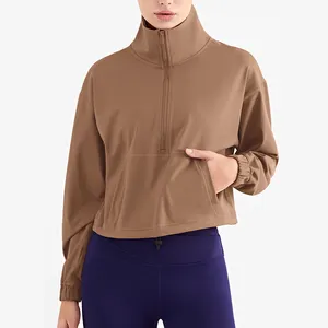 WT1426 Women Stand Collar Thick Sports Jackets Half Zipper Front Pocket Yoga Long Sleeve Jackets