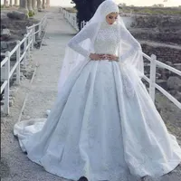 Robe de mariée musulmane Hijab à manches longues en dentelle appliquée en Satin, robes de mariée islamiques, Offre Spéciale