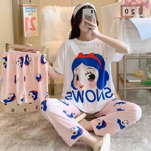 <b>Women's</b> Pajamas Three-piece Sleepwear Set Summer Thin Short-sleeved Shorts and <b>Trousers</b> Lady Cartoon Printed Cardigan Nightwear - Product Image 4