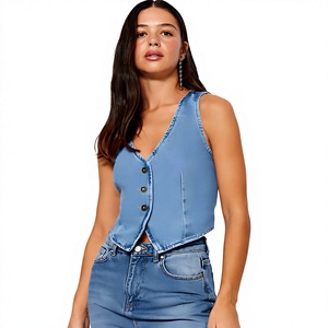 Blue Denim Corset Vest Regular Fit V-Neck Sleeveless <b>Top</b> with Eco-Friendly 240g Fabric Breathable & Quick Dry Vintage Summer - Product Image 2
