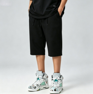 Shorts amples noirs pour hommes, longueur genou, avec double cordon de serrage, coupe ample, personnalisables, vente en gros - Product Image 2