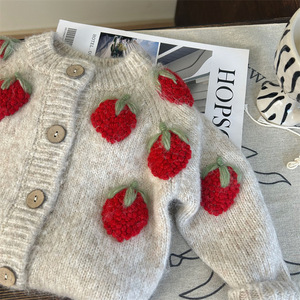 Tongxingyuan Baby Girls Strawberry Cardigan Sweater Set With Leggings Spring Autumn Thin Breathable Pants Set - Product Image 3