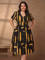 Robe midi rayée grande taille, robe trapèze boutonnée à manches courtes et col en V avec poches, tenue décontractée et de bureau