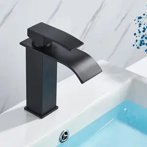 Grifos de baño de lavabo de cascada montados en cubierta de agua fría y caliente negros modernos