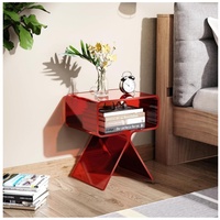 Table d'appoint / table de chevet moderne en acrylique rouge en forme de X avec compartiment de rangement ouvert, mobilier écologique pour la maison