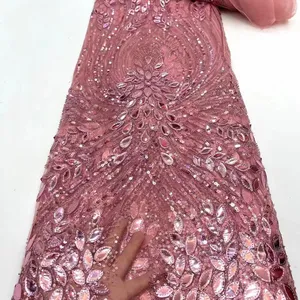 LS853 Elegant Mesh Gauze Laser Sequins Beaded Embroidery Fabric Big Flower Evening Dress Wedding Dress Luxury Lace Polyester