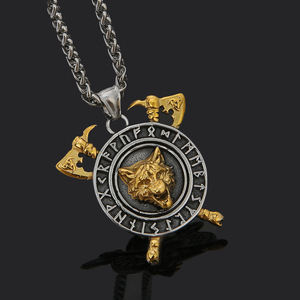 Collana Vintage <span class=keywords><strong>con</strong></span> <span class=keywords><strong>Ciondolo</strong></span> a Testa di <span class=keywords><strong>Lupo</strong></span> Vichingo Nordico Pirata in Acciaio Inox, Croce Celtica, Boutique Transfrontaliera, Placcata Oro <span class=keywords><strong>con</strong></span> Perla - Product Image 3