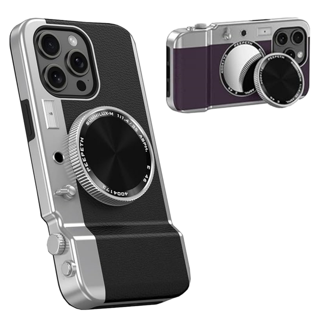 Cute 3D Retro Portable Armor Wireless Remote Shutter Camera Phone Case for iPhone 15 16 Pro Max Hard PC Back Soft TPU Protector