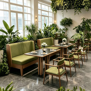 Mesa de Comedor con Marco de Madera Sólida Natural y Acabado Mate Oscuro, Silla con Respaldo Acolchado en Tela Verde Oliva, Muebles de Estilo Botánico para Cafetería, Venta al Por Mayor - Product Image 1