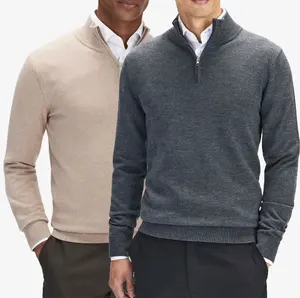 2024 suéter de moda con media cremallera para hombres personalizado 100% lana Merino Mohair invierno Cable tejido ropa suéter