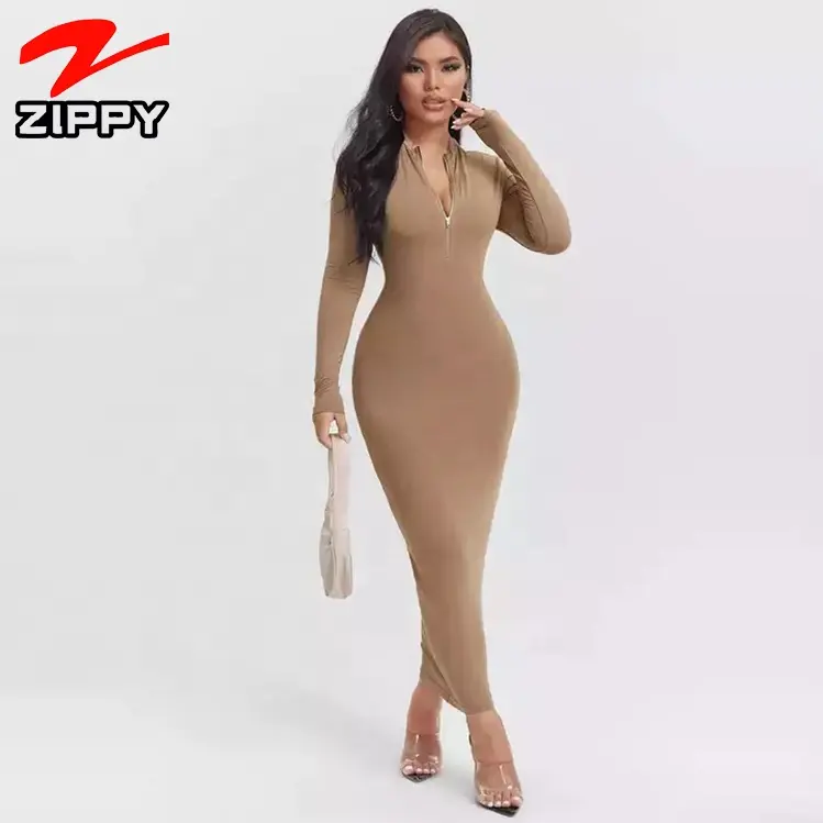 Zip Front Solid Bodycon Dress women custom long dresses for women lady elegant fashion style